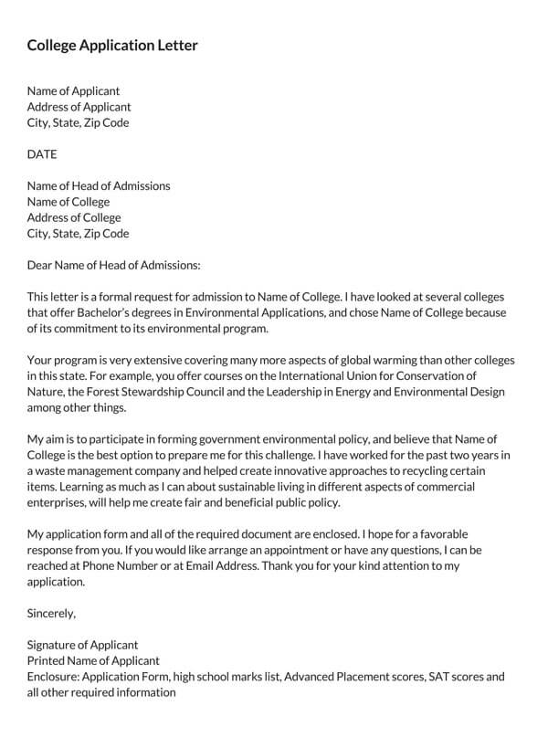 university application letter example