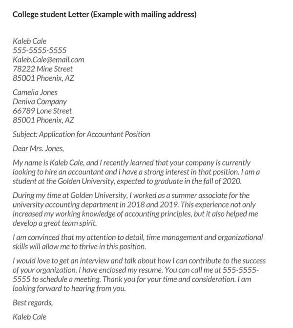sample application letter to college