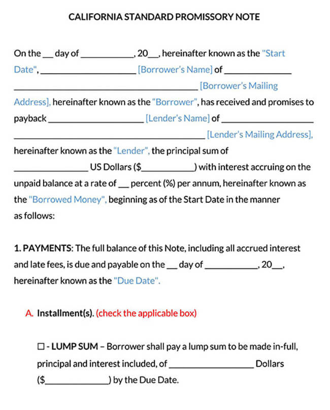 California Standard Promissory Note Template