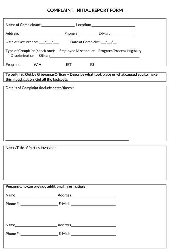 Printable Employee Complaint Form Template
