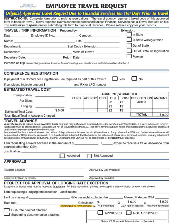 travel request form for employees template