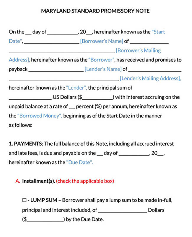 Maryland Standard Promissory Note Template