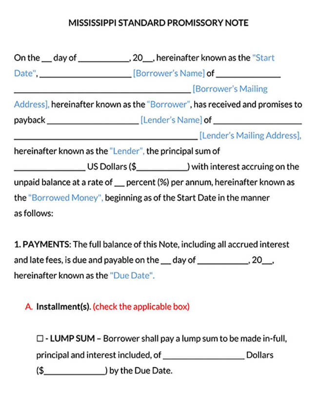 Mississippi Standard Promissory Note Template