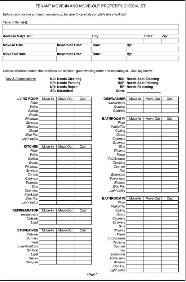 Free Move-In / Move-Out Checklist For Landlord & Tenant, PDF