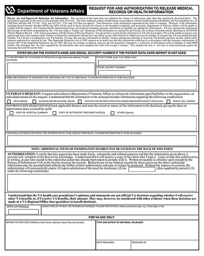 Veterans Affairs Release Form