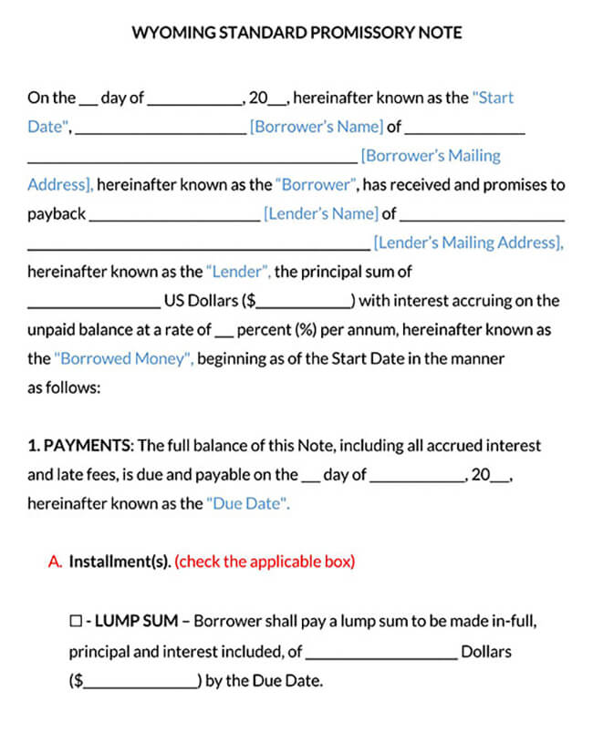 Wyoming Standard Promissory Note Template