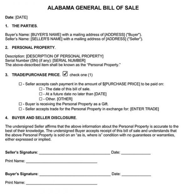 Alabama Generic Bill of Sale