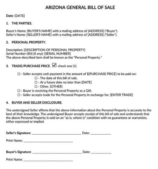Arizona Generic Bill of Sale