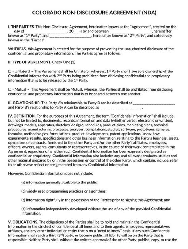 Colorado Non Disclosure Agreement