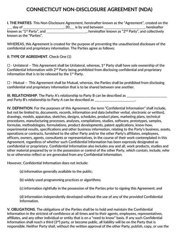 Connecticut Non Disclosure Agreement