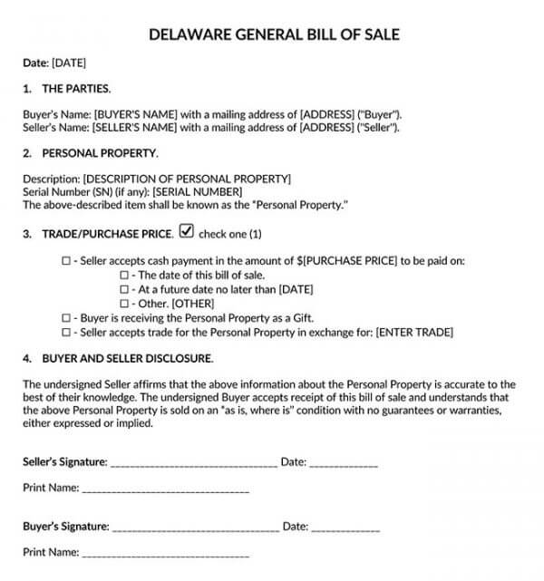 Delaware Generic Bill of Sale