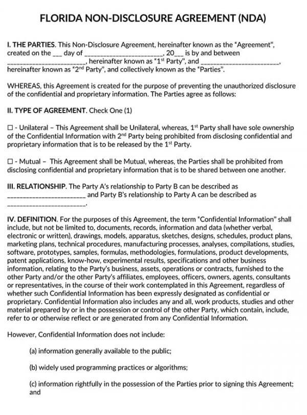 Florida Non Disclosure Agreement