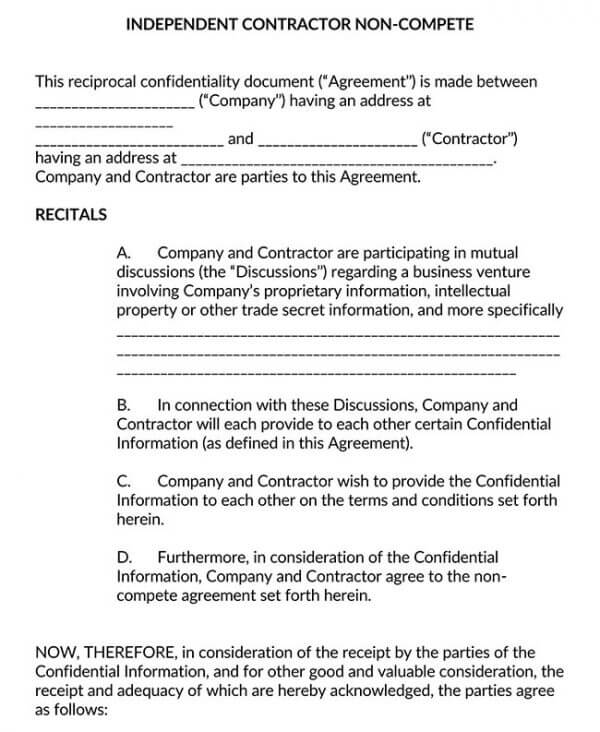 Independent Contractor Non Compete Agreement