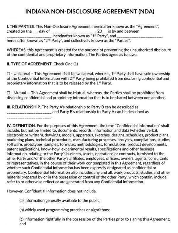 Indiana Non Disclosure Agreement
