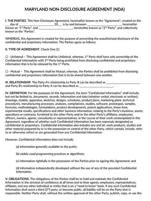 Maryland Non Disclosure Agreement