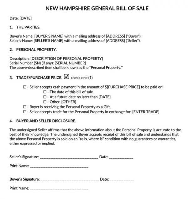 New Hampshire Generic Bill of Sale