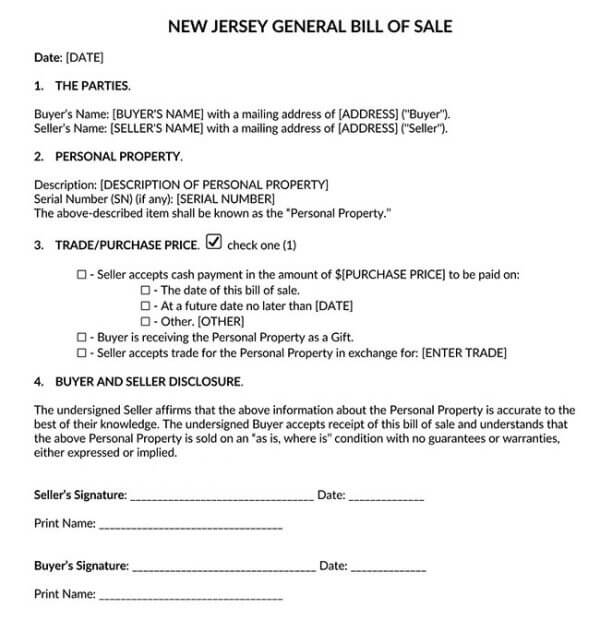 New Jersey Generic Bill of Sale