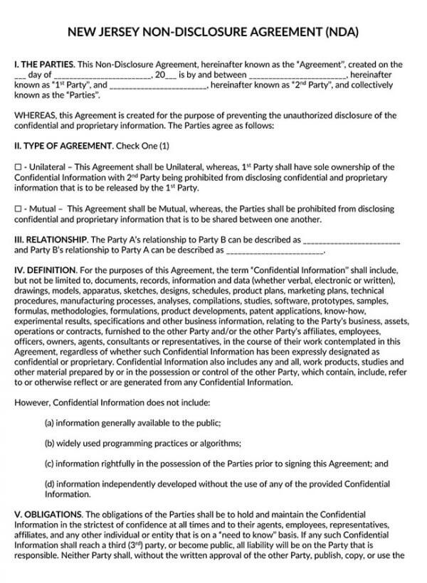 New Jersey Non Disclosure Agreement