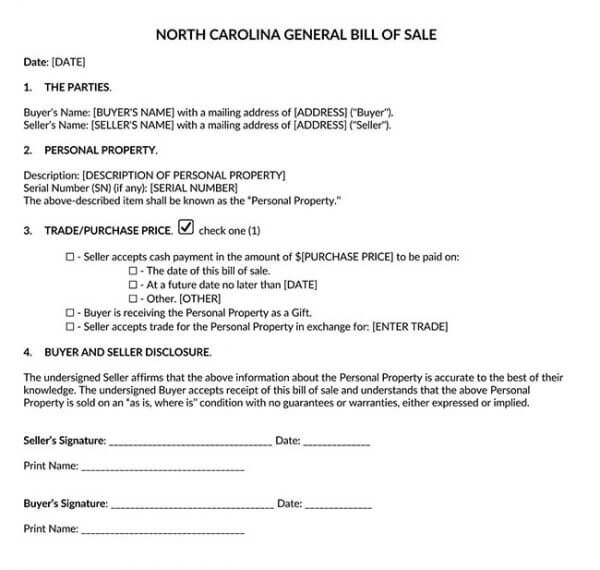 North Carolina Generic Bill of Sale