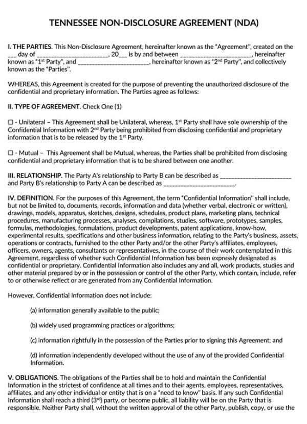 Tennessee Non Disclosure Agreement