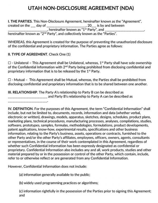 Utah Non Disclosure Agreement