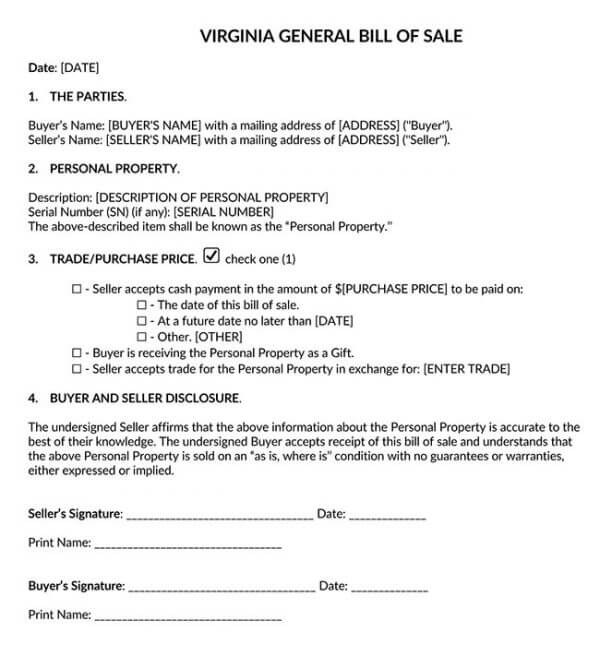 Virginia Generic Bill of Sale