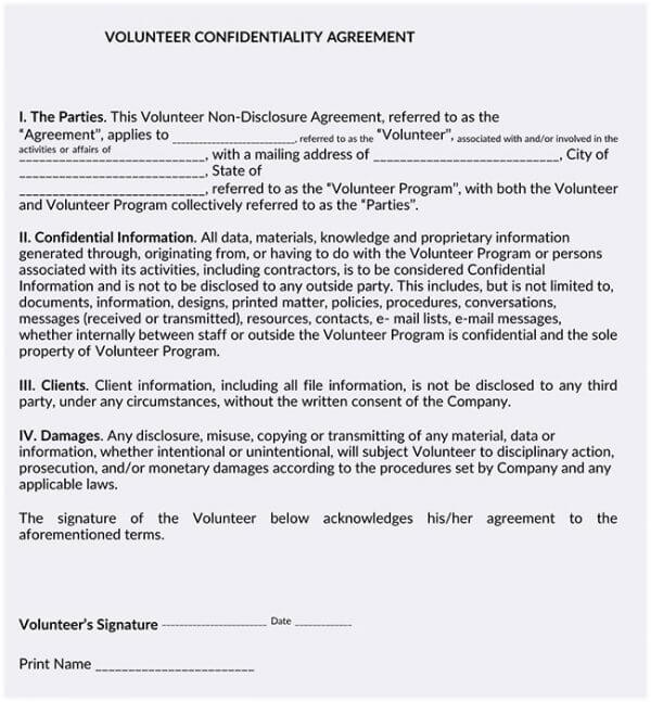 Volunteer Confidentiality and Non Disclosure Agreement