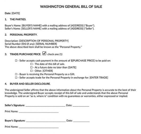 Washington Generic Bill of Sale