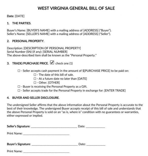 West Virginia Generic Bill of Sale