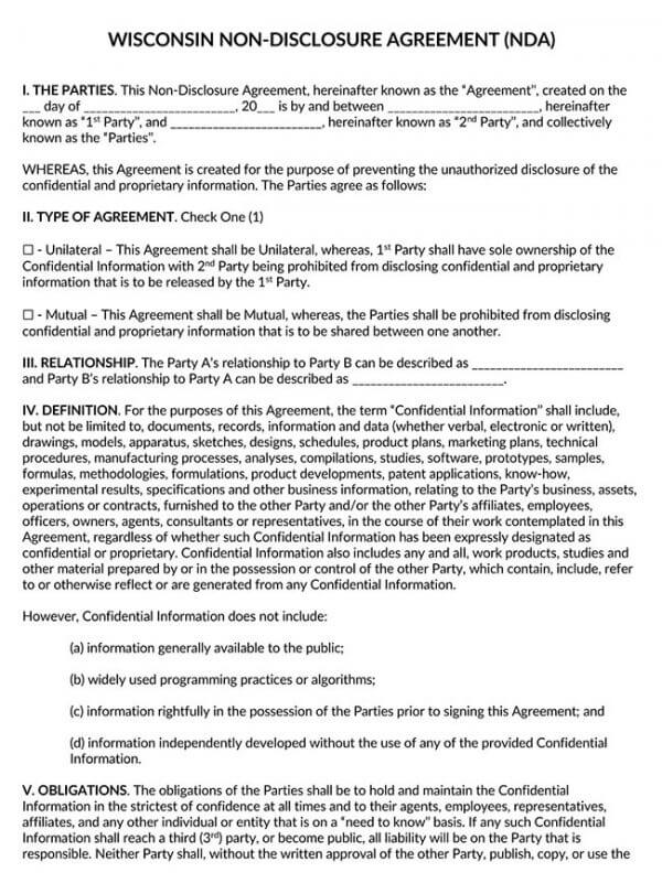 Wisconsin Non Disclosure Agreement