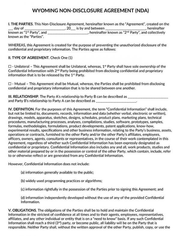 Wyoming Non Disclosure Agreement