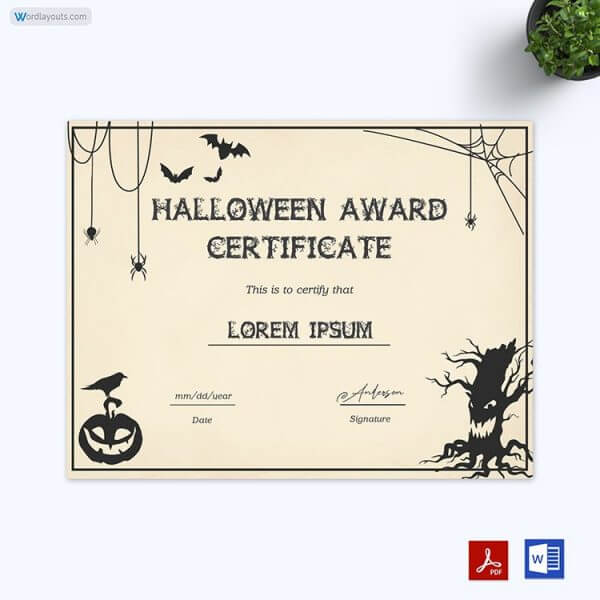 Best Halloween Scary Costume Theme Award Certificate