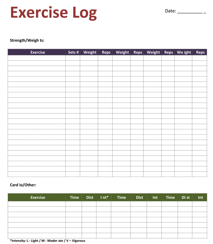 Exercise Log Template 8 Plus Training Sheets