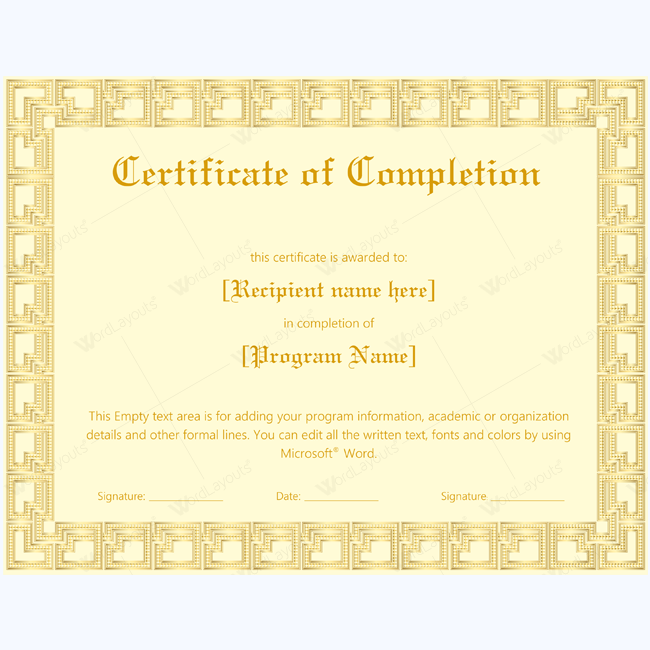 completion award certificate template word