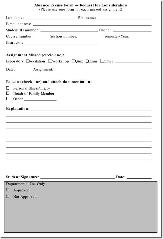 Absense Excuse Form Free Download PDF
