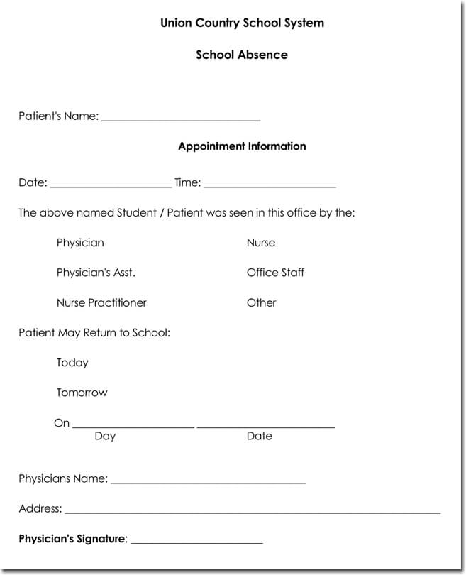 Doctors note template for School Absence