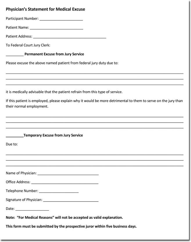 Physician's Statement for Medical Excuse Template PDF