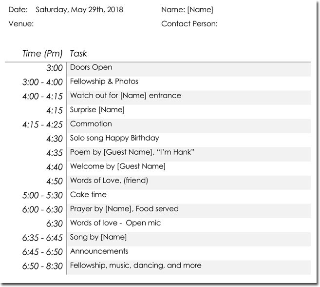Birthday Party Itinerary Templates for Word