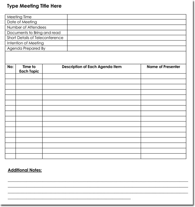Blank Meeting Itinerary Template