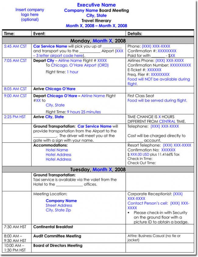 travel and meeting itinerary template