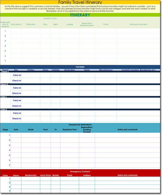 Complete Family Travel Itinerary Template for Excel