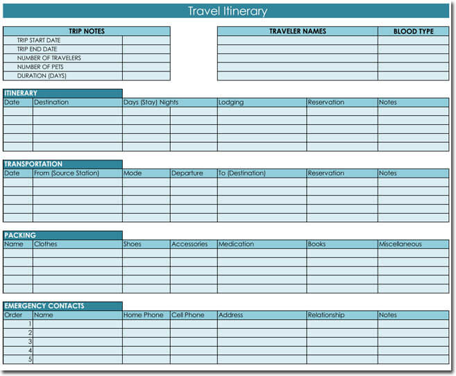 Travel Itinerary Examples and Templates for Excel