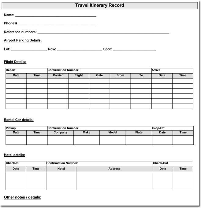 Travel Itinerary Record Template Word