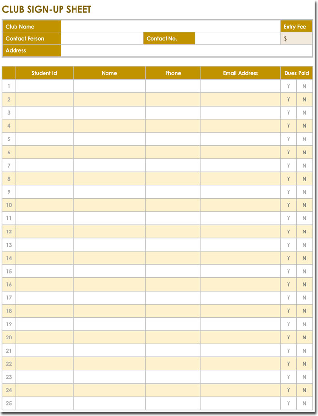 Club Member Signup Sheet Template Word