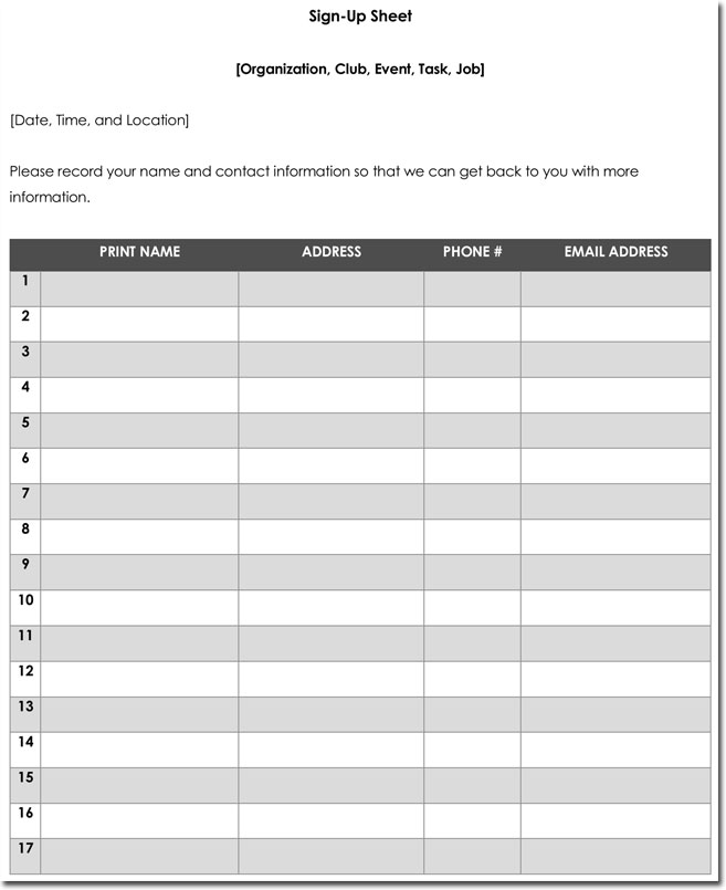 General Event Signup Sheet Template for Word