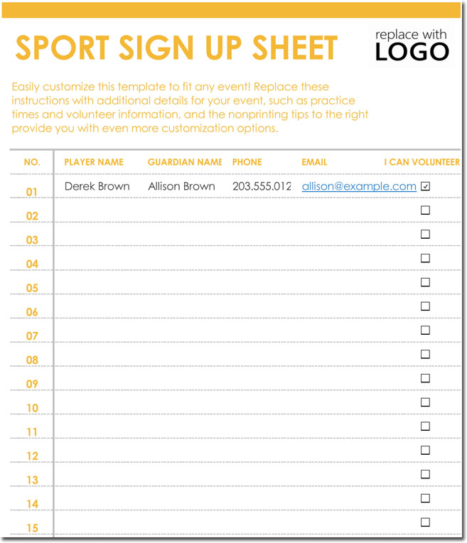 Sport Signup Sheet Template Excel