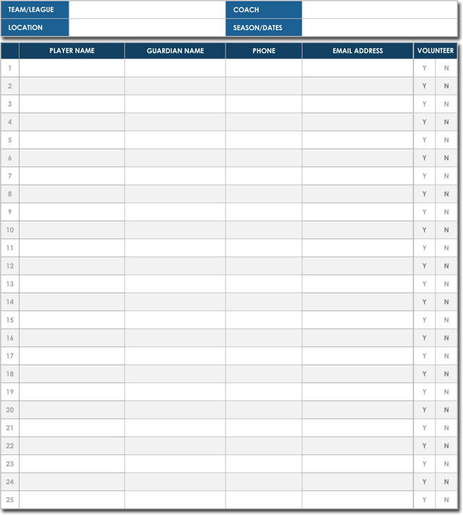 Team Players Signup Sheet Excel