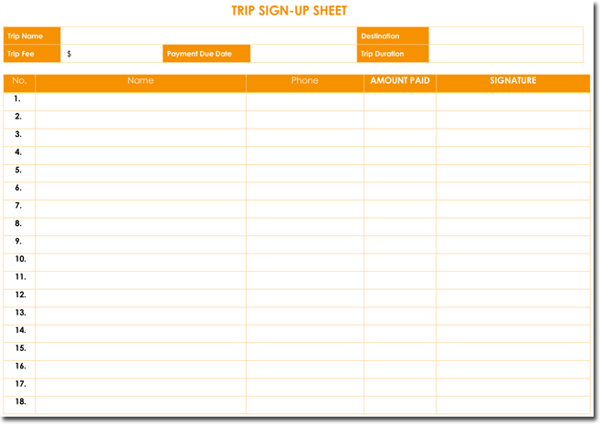 Trip Signup Sheet Template for Word