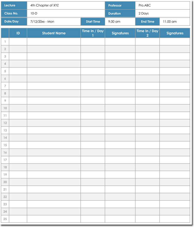 Class Lecture Attendance Sign In Sheet Template Free Download