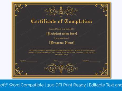 Completion Award Certificate Template Word